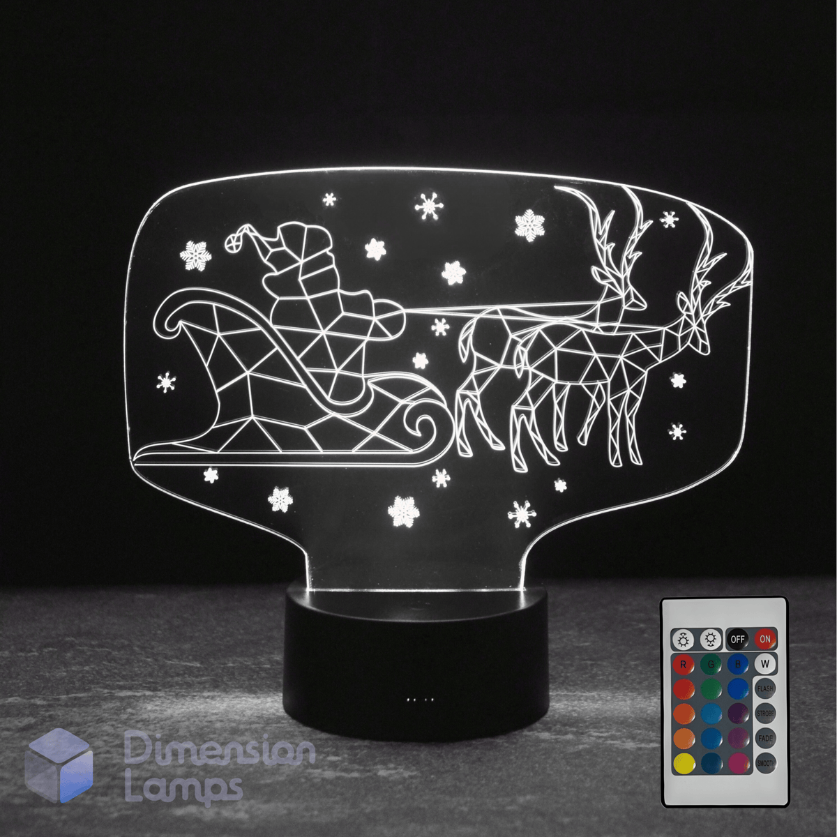 3D LED lamp with Santa Claus and reindeer design, featuring a remote control for color changes.