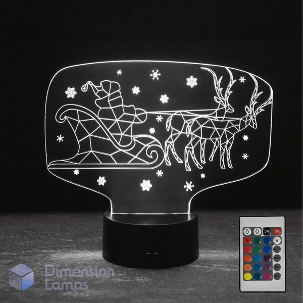 3D LED lamp with Santa Claus and reindeer design, featuring a remote control for color changes.