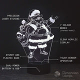 A 3D acrylic LED night light featuring a laser-etched Santa Claus carrying a sack of coins, shown with white text callouts on a black background. The text highlights features like precision laser etching, 7 color modes, clear acrylic display, and touch sensor operation.