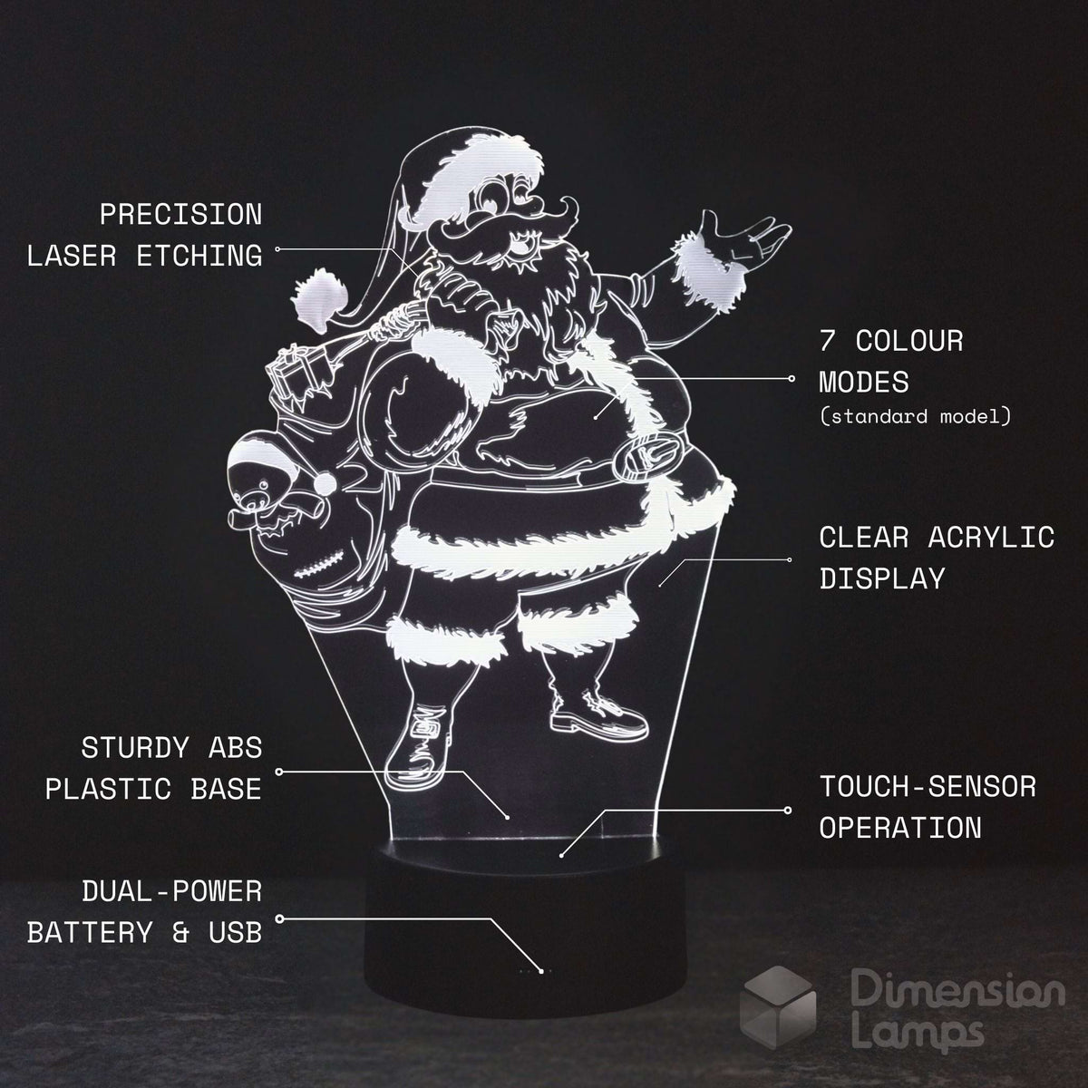 A 3D acrylic LED night light featuring a laser-etched Santa Claus carrying a sack of coins, shown with white text callouts on a black background. The text highlights features like precision laser etching, 7 color modes, clear acrylic display, and touch sensor operation.