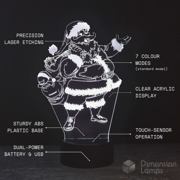 A 3D acrylic LED night light featuring a laser-etched Santa Claus carrying a sack of coins, shown with white text callouts on a black background. The text highlights features like precision laser etching, 7 color modes, clear acrylic display, and touch sensor operation.