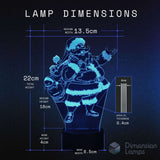 A dimension diagram for a Santa Claus-shaped lamp, showing total height of 22cm, design height of 18cm, base height of 4cm, design width of 13.5cm, and base width of 8.5cm.