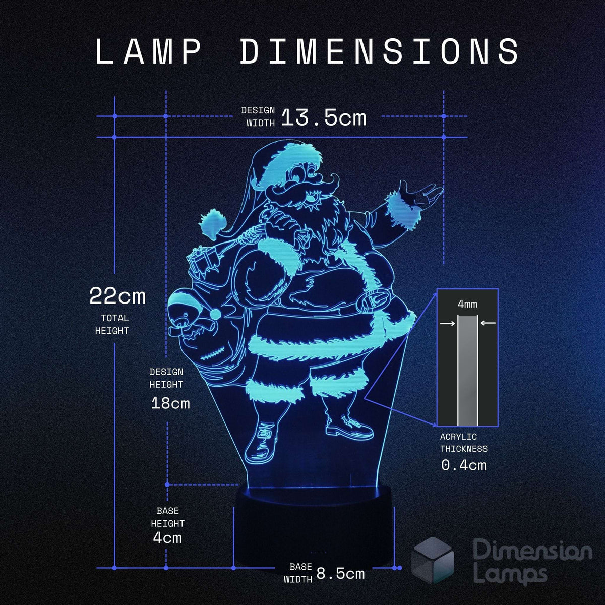 A dimension diagram for a Santa Claus-shaped lamp, showing total height of 22cm, design height of 18cm, base height of 4cm, design width of 13.5cm, and base width of 8.5cm.