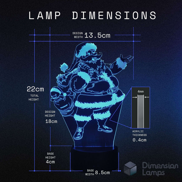 A dimension diagram for a Santa Claus-shaped lamp, showing total height of 22cm, design height of 18cm, base height of 4cm, design width of 13.5cm, and base width of 8.5cm.