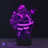 A 3D acrylic LED night light featuring a dancing Santa Claus carrying a santa sack, glowing with a vibrant purple light on a black base against a dark background.