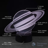 An illuminated acrylic Saturn lamp on a black base against a dark background with overlaid callout text describing features. Ideal teens space gift. 