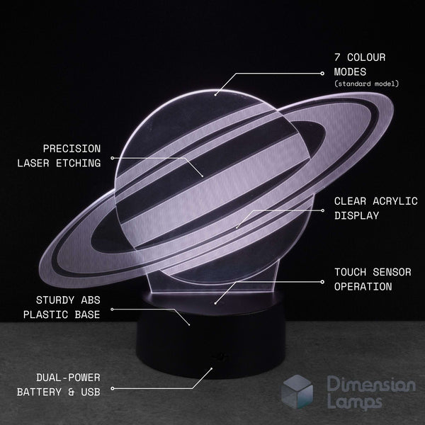 An illuminated acrylic Saturn lamp on a black base against a dark background with overlaid callout text describing features. Ideal teens space gift. 