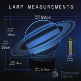 Lamp measurements diagram showing a blue glowing Saturn lamp on a black base with size dimensions. An ideal gift for teens into space exploration. 