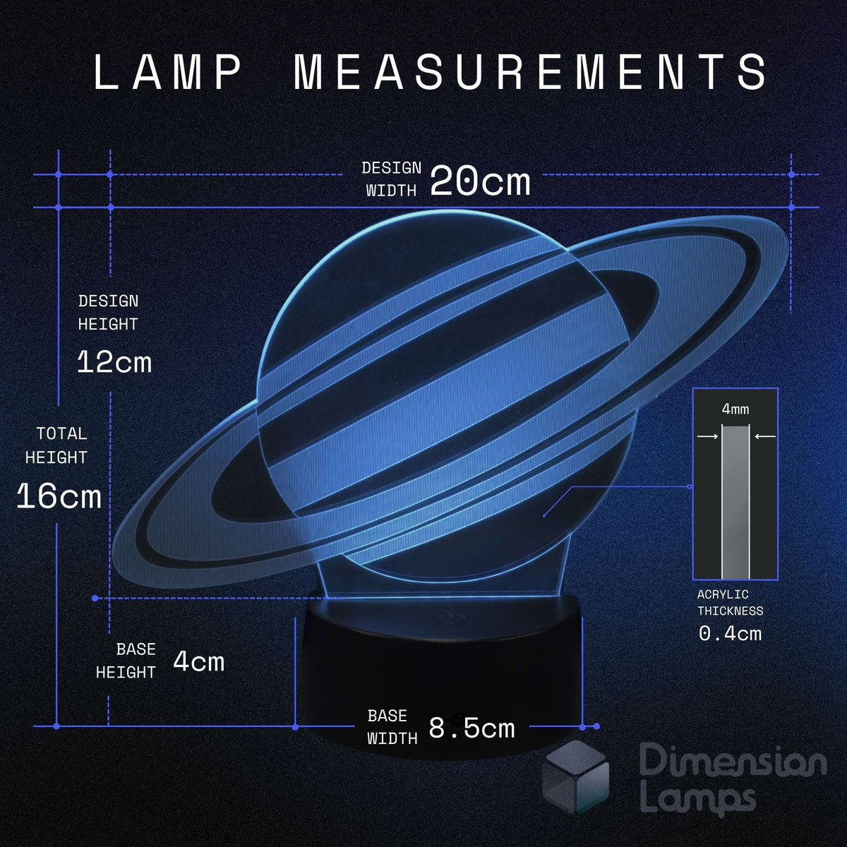 Lamp measurements diagram showing a blue glowing Saturn lamp on a black base with size dimensions. An ideal gift for teens into space exploration. 