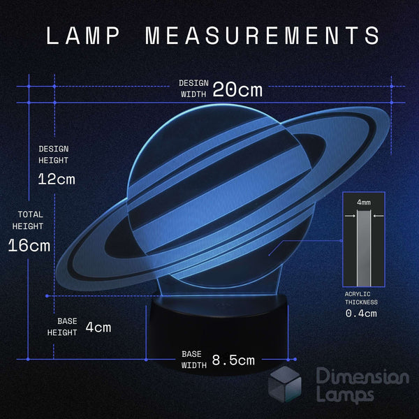Lamp measurements diagram showing a blue glowing Saturn lamp on a black base with size dimensions. An ideal gift for teens into space exploration. 