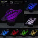 An 3D lamp of Saturn, shown in purple, blue, white, purple, cyan, red, green, yellow on a dark background. Gift idea for kids into space themed lamps.