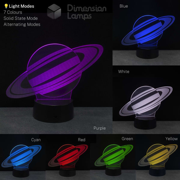 An 3D lamp of Saturn, shown in purple, blue, white, purple, cyan, red, green, yellow on a dark background. Gift idea for kids into space themed lamps.
