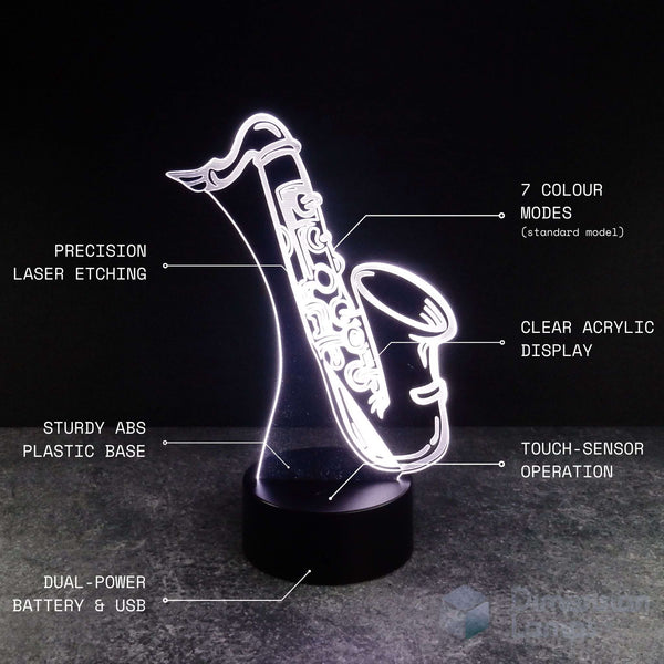 Saxophone 3d lamp features, gift idea for saxophone player or fan.