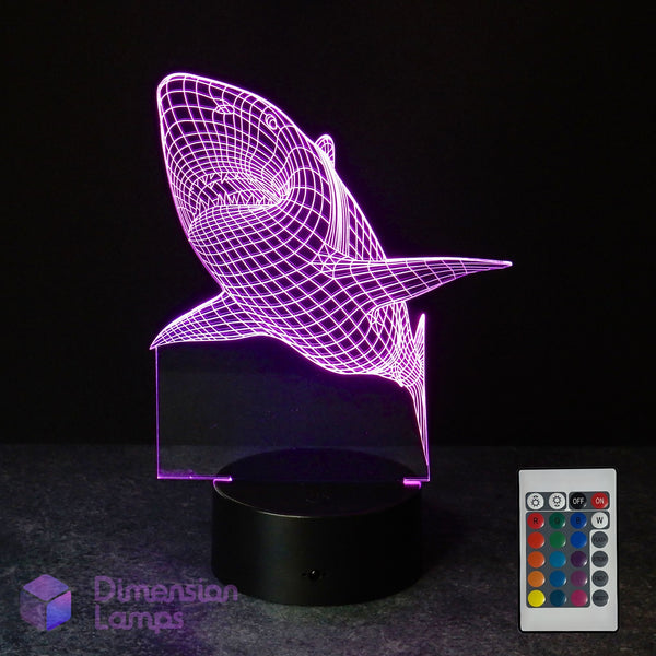 Shark 3D night lamp with a 16 colour remote control. Night light for kids that love sharks. 