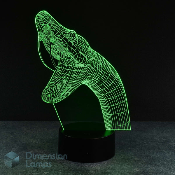 A 3D optical illusion lamp depicting a green snake design, glowing with a bright green wireframe effect on a black cylindrical base against a dark background. Gift idea for snake enthusiasts. 