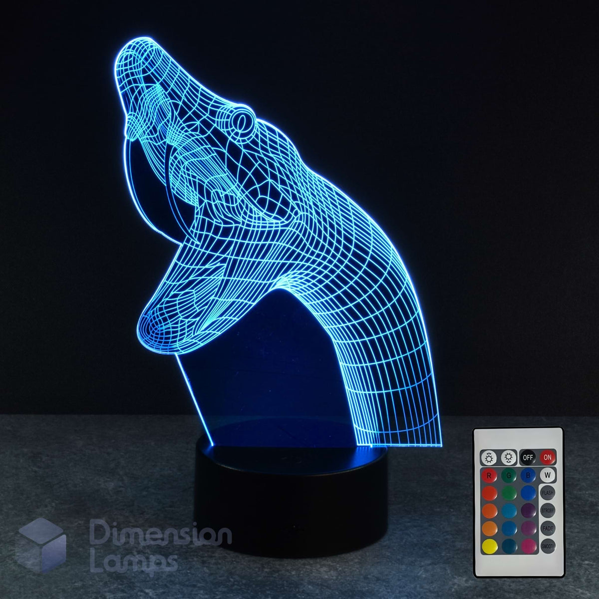 A 3D optical illusion lamp shaped like a snake, glowing cyan on a black base, shown with a small remote control and a visible 'Dimension Lamps' watermark on a dark background. Reptile lover gift idea. 