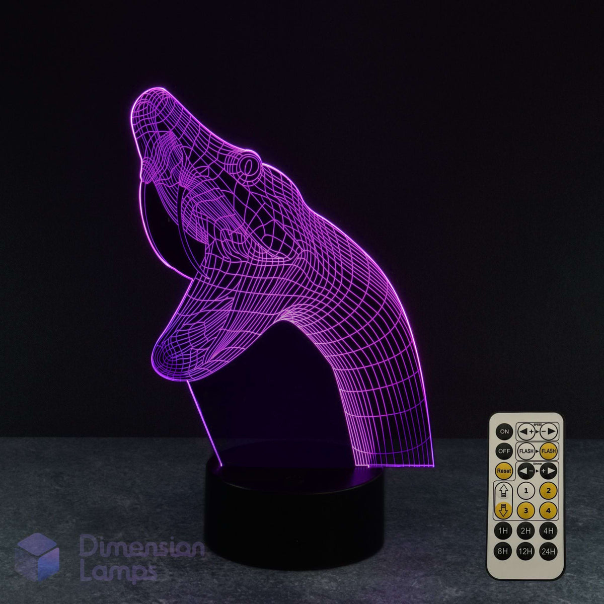 A 3D optical illusion lamp shaped like a snake, glowing with purple light on a black base, shown alongside its remote control against a dark background. Reptile collector gift idea. 