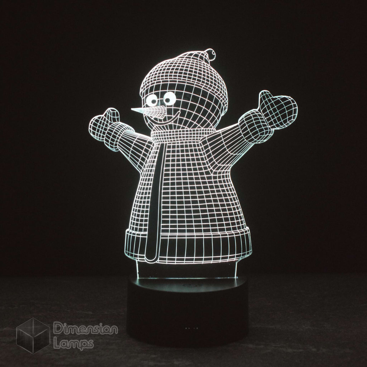 3D illusion lamp depicting a snowman with a black outline on clear acrylic, illuminated from behind by LED lights.