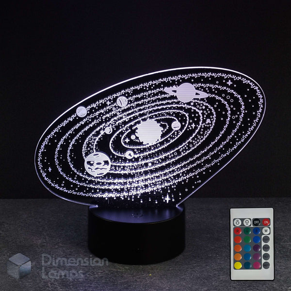 3D solar system lamp with remote control on a dark background. Kids spaced themed night lamp.