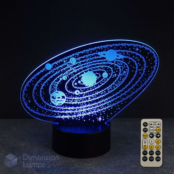 3D solar system lamp with remote control on a dark background. Space themed kids night light.