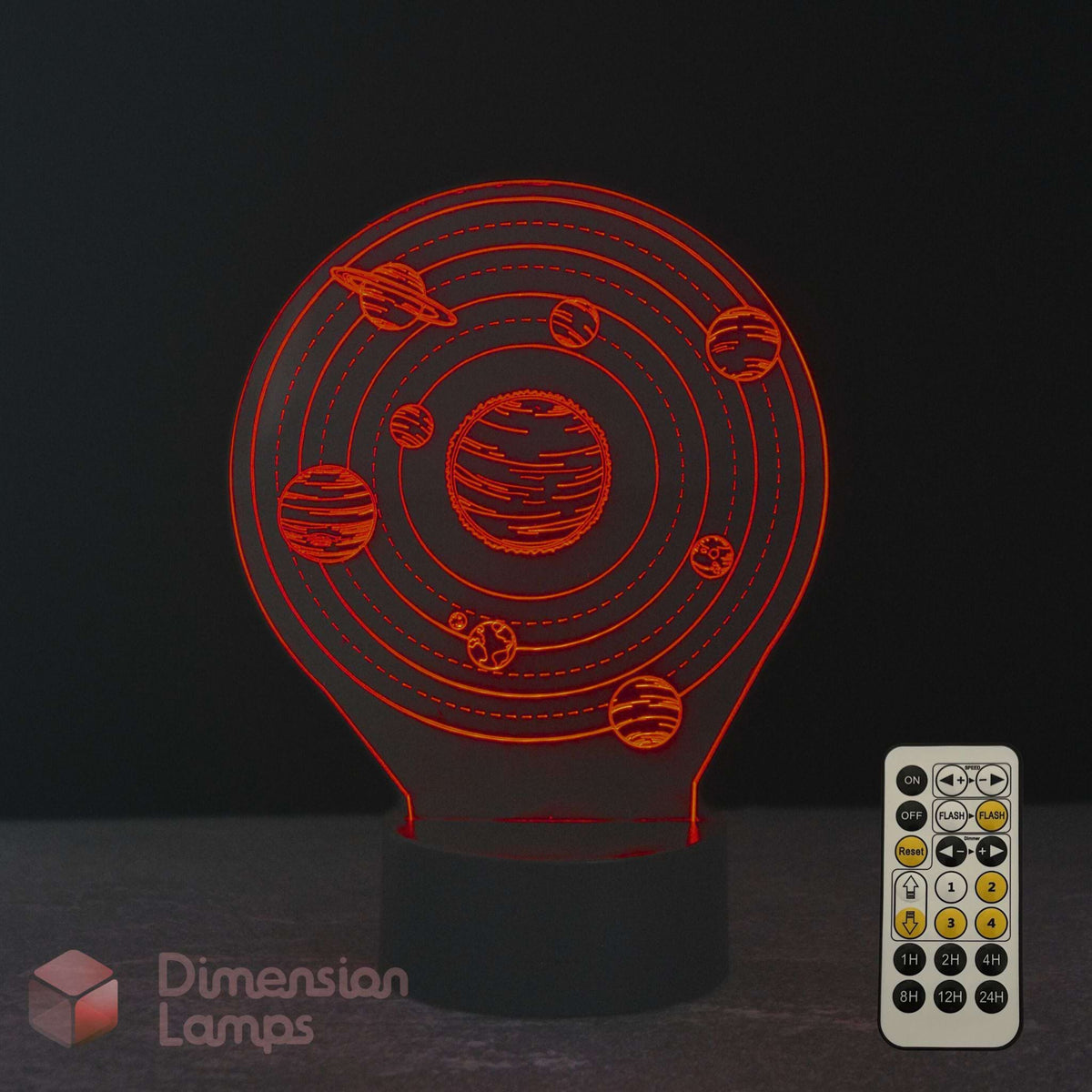 A 3D optical illusion night light shaped like the solar system, glowing with red light on a black base, shown with its white remote control against a dark background. A 'Dimension Lamps' logo is visible in the bottom-left corner.