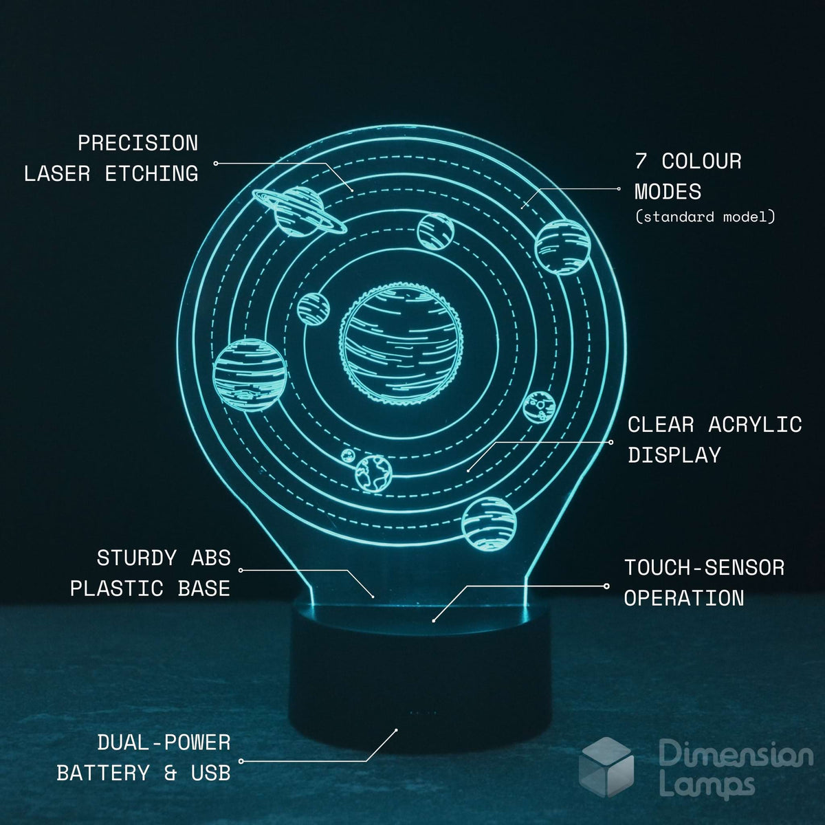 A 3D acrylic light bulb lamp displaying a solar system model with labeled text overlays, set against a dark background with the brand logo 'Dimension Lamps' in the bottom right corner.