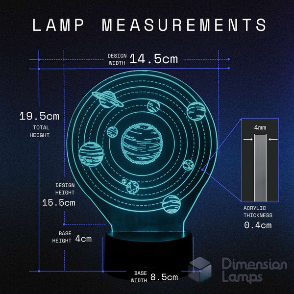 Lamp measurements diagram showing a glowing solar system shaped lamp with planets printed on the glass, labelled with dimensions including total height 19.5cm, design height 15.5cm, design width 14.5cm. Kids space themed lamp.