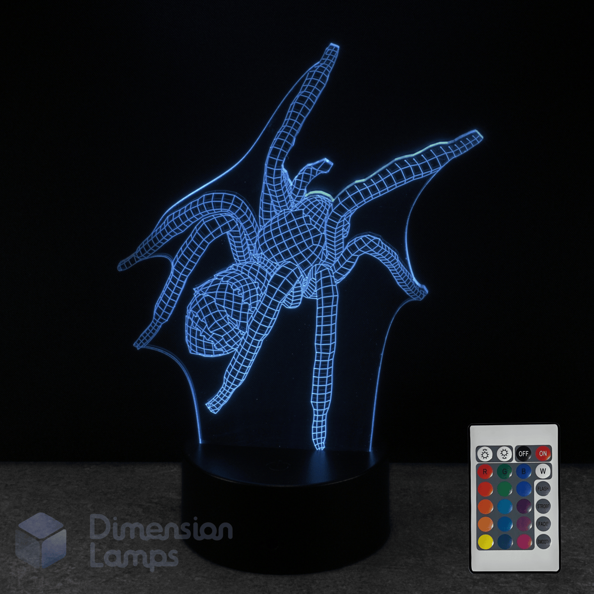 3D spider-shaped lamp with remote control on a dark background. Arachnid fan gift idea.