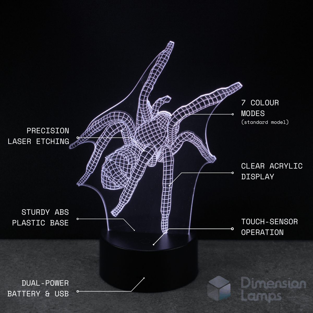 Spider-shaped night light with feature labels on a black background. Gift idea for spider fans.