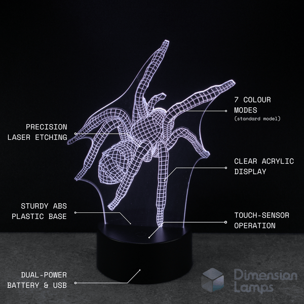 Spider-shaped night light with feature labels on a black background. Gift idea for spider fans.