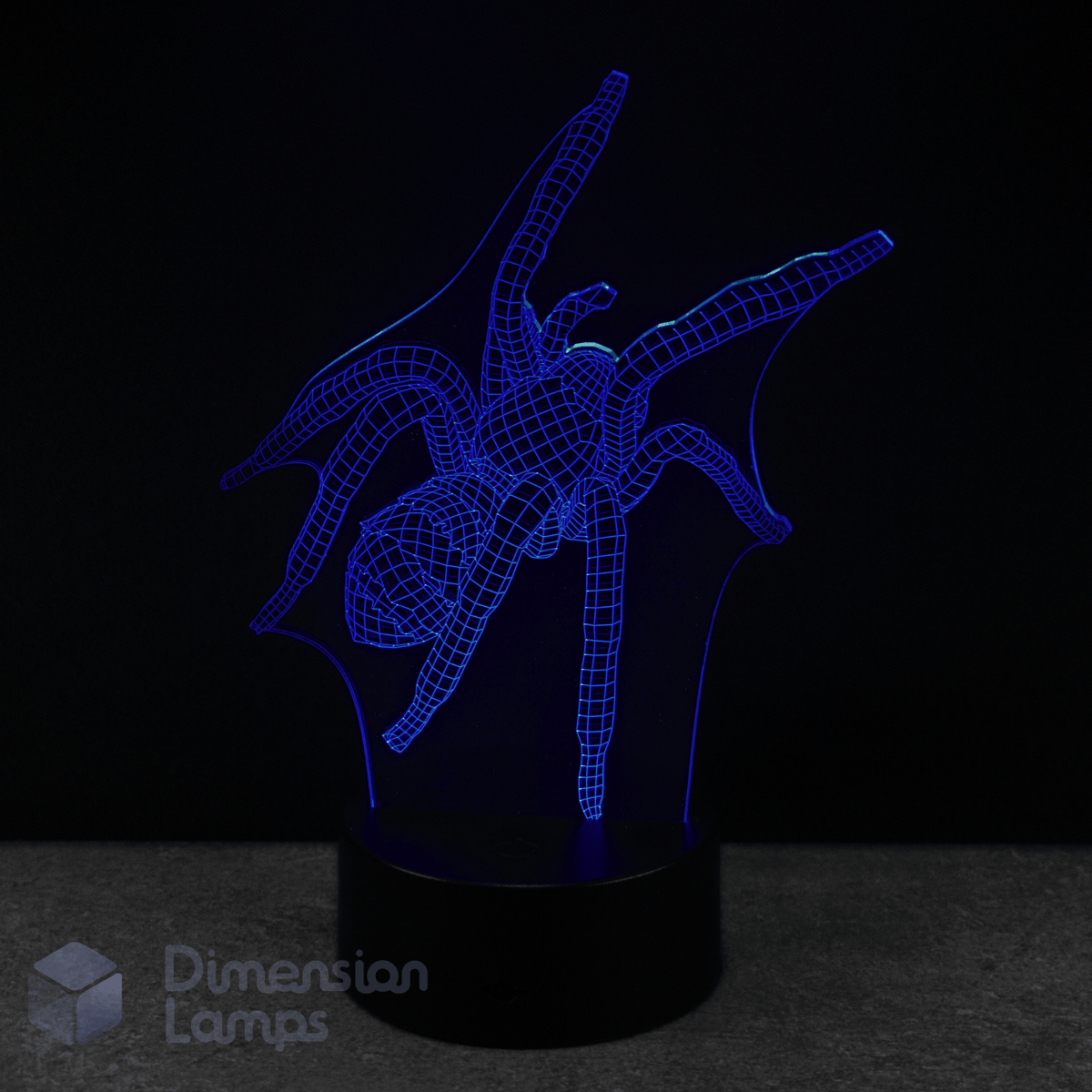 3D spider-shaped lamp glowing blue on a black background, spider fan gift.