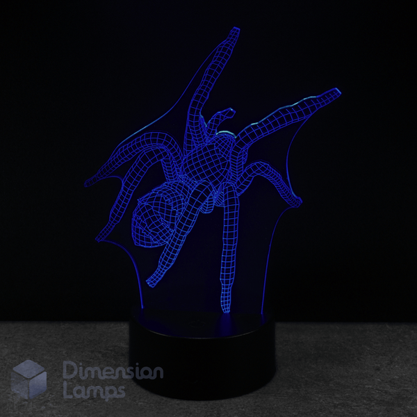 3D spider-shaped lamp glowing blue on a black background, spider fan gift.