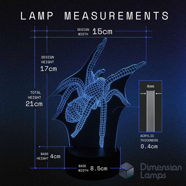 A dimension diagram of a 3D acrylic spider lamp on a black base, showing measurements of 15cm width, 17cm height, 21cm total height, 4cm base height, 8.5cm base width, and 4mm acrylic thickness, with the brand 'Dimension Lamps' in the corner.