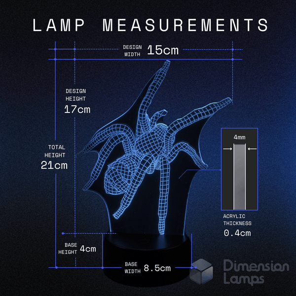 Spider-shaped lamp with measurements on a dark background, spider collectors gift idea.