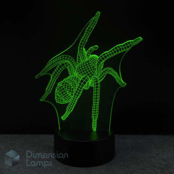 3D LED lamp shaped like a spider on a black background with 'Dimension Lamps' branding.