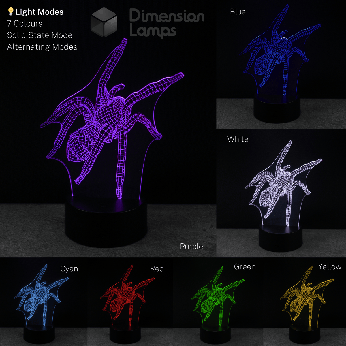 Spider-shaped LED lamp displaying various colour modes on a dark background. Teens night light.