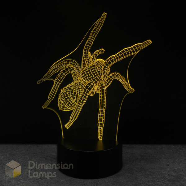 Spider-shaped lamp with yellow wireframe design on a black background, featuring the brand 'Dimension Lamps'.