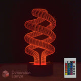 A 3D optical illusion spiral LED night light glowing red on a black base, shown with a remote control and a Dimension Lamps logo on a dark background.