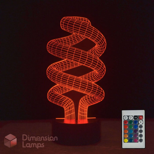 A 3D optical illusion spiral LED night light glowing red on a black base, shown with a remote control and a Dimension Lamps logo on a dark background.