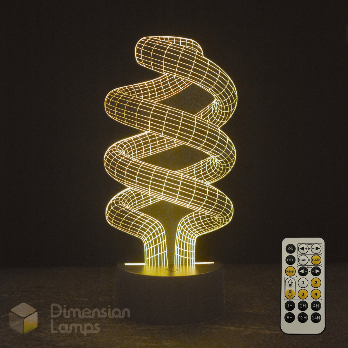 Spiral design lamp with remote control on a dark background, featuring Dimension Lamps brand.