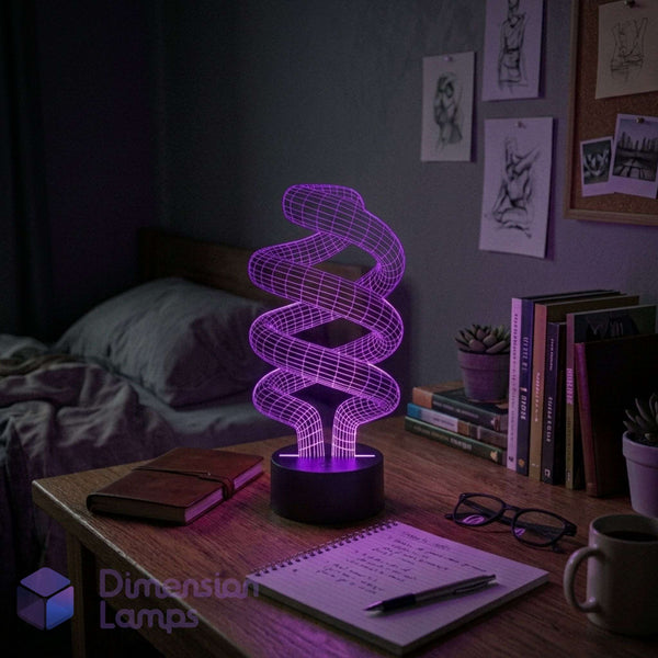 A glowing spiral 3D LED night light on a black base, on a wooden desk in a dim bedroom setting. The lamp emits a purple light, illuminating the room.