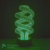 A 3D optical illusion spiral LED night light glowing green on a dark base against a dark background with Dimension Lamps logo in the bottom corner.