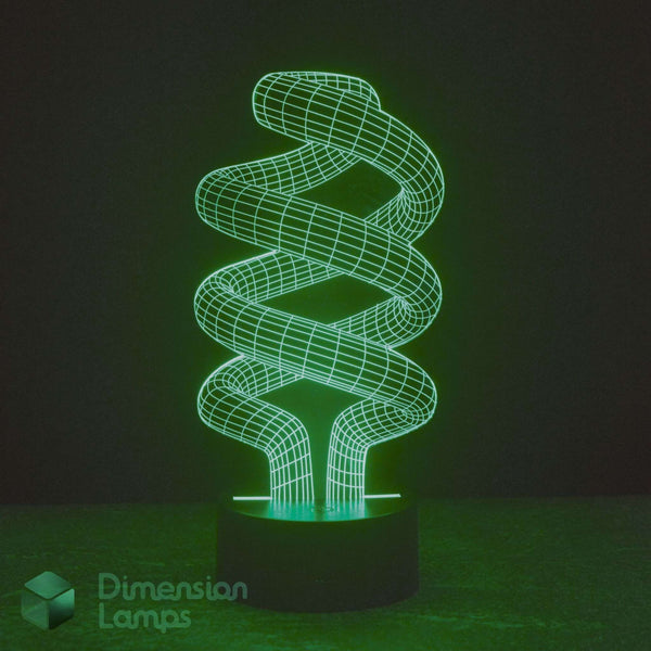 A 3D optical illusion spiral LED night light glowing green on a dark base against a dark background with Dimension Lamps logo in the bottom corner.
