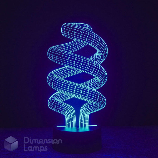 A 3D optical illusion spiral LED night light glowing blue on a black base on a dark background. Dimension Lamps logo in the bottom-left corner.