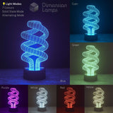 A spiral LED lamp in multiple colour modes. The right and bottom panels show the lamp glowing in Cyan, Green, Purple, White, Red, Blue and Yellow.