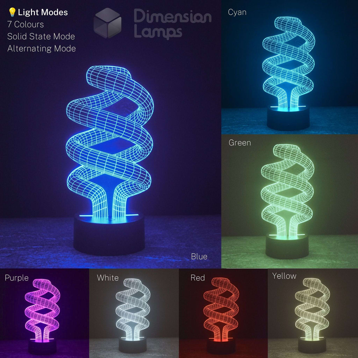 A spiral LED lamp in multiple colour modes. The right and bottom panels show the lamp glowing in Cyan, Green, Purple, White, Red, Blue and Yellow.
