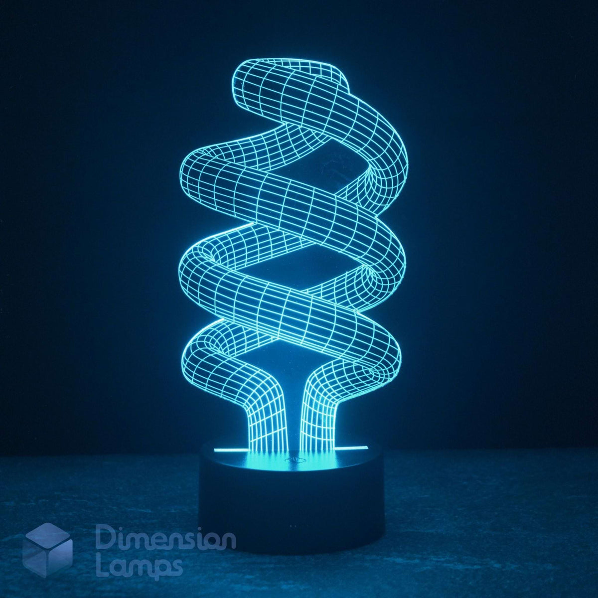 A 3D optical illusion spiral LED night light glowing cyan on a black base against a dark background. A Dimension Lamps logo in the bottom-left corner.