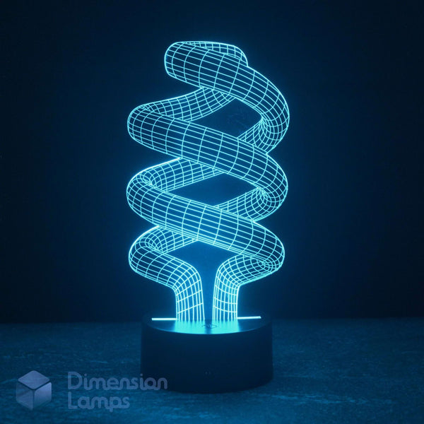 A 3D optical illusion spiral LED night light glowing cyan on a black base against a dark background. A Dimension Lamps logo in the bottom-left corner.