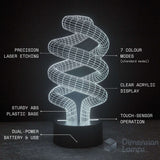 A 3D spiral LED lamp with a glowing white wireframe effect on a black base on a dark background with text callouts describing features. Science gift.