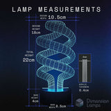 A diagram of a spiral LED lamp on a dark background, showing measurements for design width, height, base height, and base width, by Dimension Lamps.
